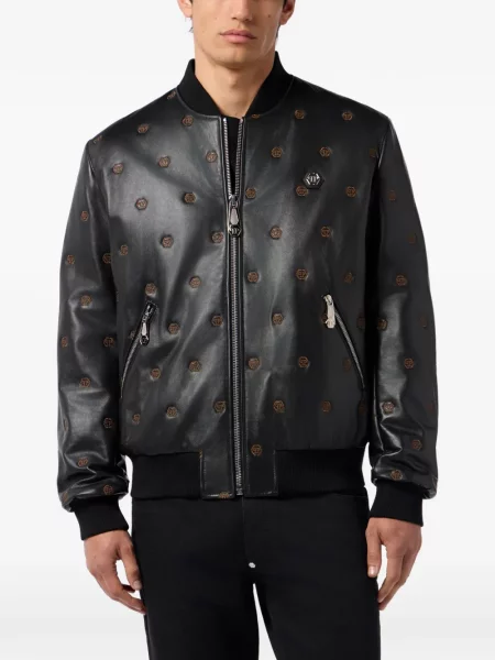 Кожено яке Philipp Plein бродирано черно