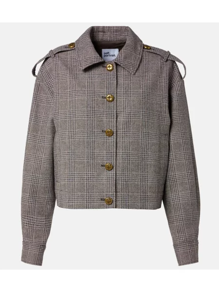 Geacă Self-portrait de in în carouri maro