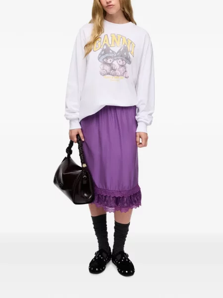 Fustă midi Ganni cu volane din dantelă violet