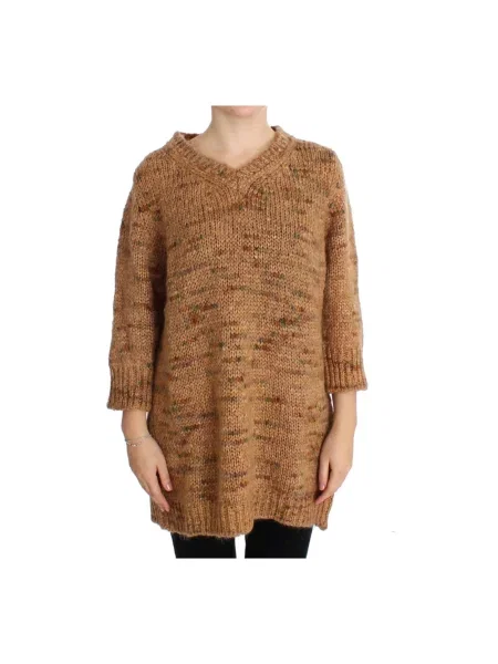 Sweter Pink Memories wełniany z dekoltem w serek różowy