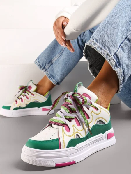 Sneakers Albi-Verzi pe Platformă cu Șireturi Groase Colorate Adrianu alb