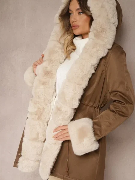 Beżowo-Brązowa Kurtka Typu Parka z Kapturem Zdobiona Futerkiem z Możliwością Odpięcia Valinora beżowa