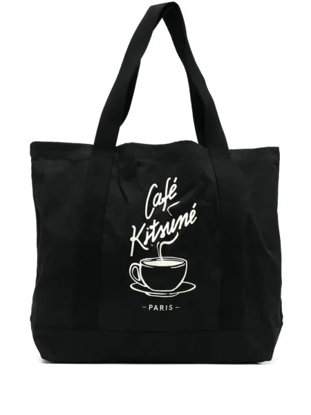 Geantă Café Kitsuné cu imagine din canvas negru