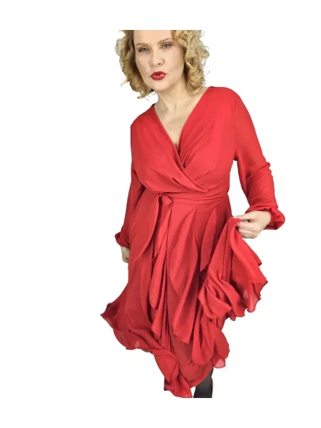 Elegantna obleka Pri z volani rdeča