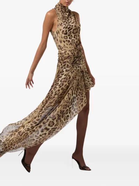 Rochie The Andamane cu imagine cu model leopard asimetrică maro