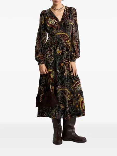 Rochie midi Etro de catifea cu model floral plic negru