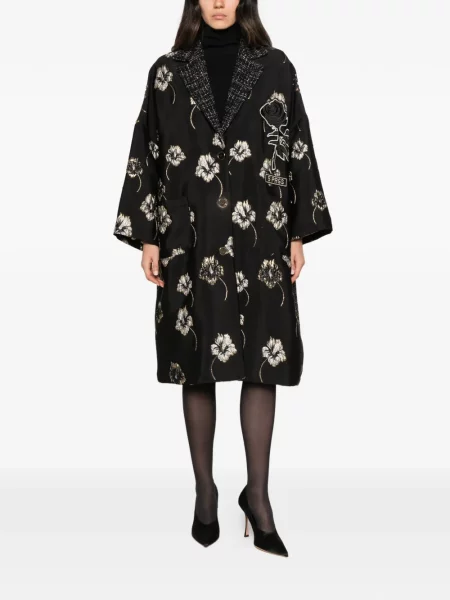 Palton 5 Progress cu model floral din jacard negru