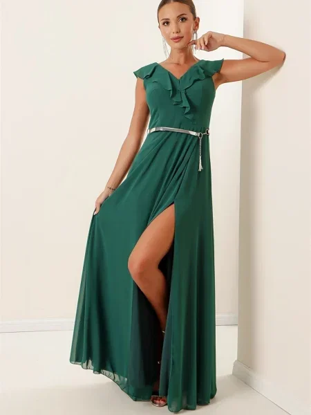 Kołnierzykowy sukienka maxi By Saygı szyfonowa zielona