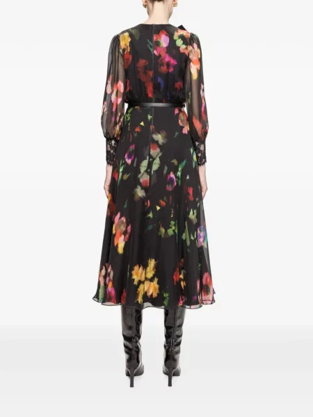 Rochie midi Nissa cu funde de mătase cu model floral negru