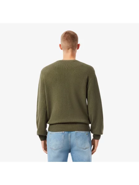 Lacoste Sweter Z Okrągłym Dekoltem Z Wełny Zgrzebnej zielony