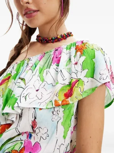 Rochie Desigual cu volane cu un umăr gol de costum alb