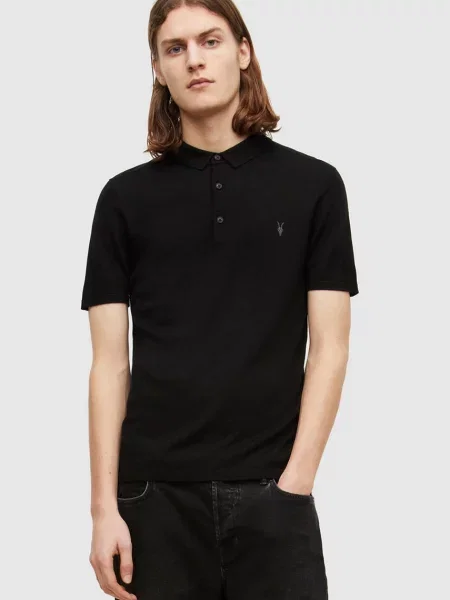 Тениска с яка AllSaints мъжка с изчистен дизайн черно