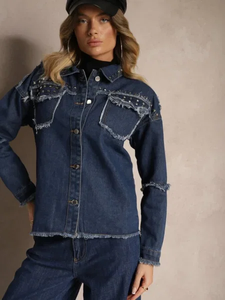 Jachetă Denim Închis cu Elemente Desfăcute și Ținte Trudilla albastru
