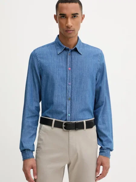 Džínová košile PS Paul Smith slim s klasickým límcem modrá