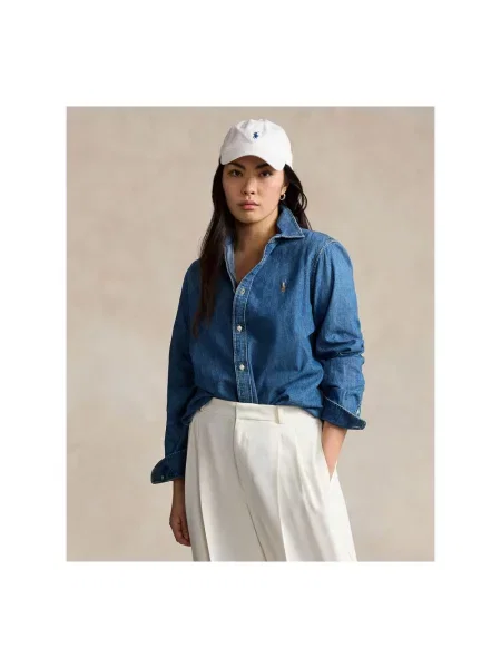 Bluzka Ralph Lauren z twillu z długim rękawem niebieska