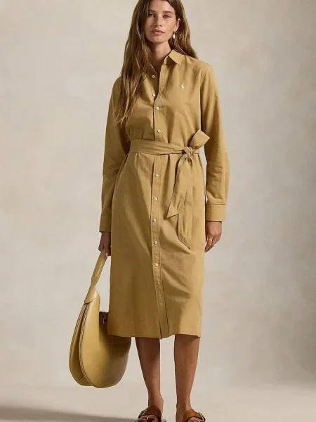 Polo Ralph Lauren sukienka z domieszką wełny COTTON/LINEN beżowa