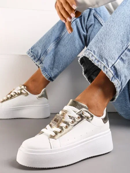 Sneakers Alb-Aurii cu Pandantiv Metalic cu Zirconiu pe Șireturi Edosa alb