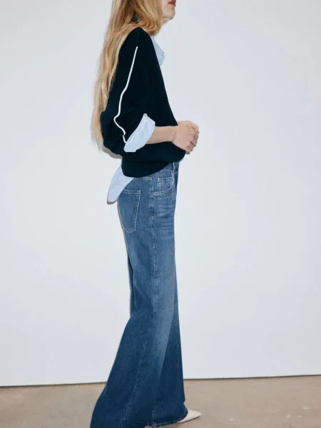 Jeansy Danila wide leg z wysokim stanem Kobieta 34 MANGO ciemnoniebieski
