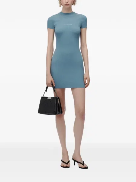 Rochie mini Alexander Wang cu decolteu rotund din jacard cu autograf albastru