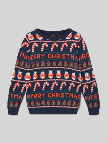 Sweter z dzianiny z prążkowanymi wykończeniami Blue Seven granatowy