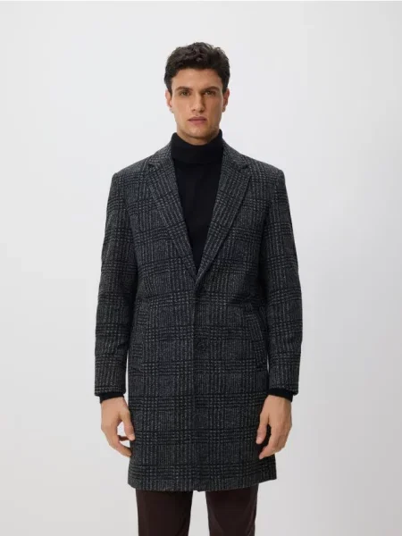 Reserved Długi płaszcz w kratę ciemnoszary