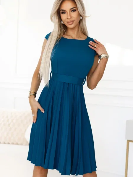 Rochie mini Numoco cu mâneci scurte plisată clasică albastru