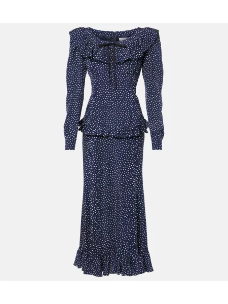 Svilena pikčasta maksi obleka Alessandra Rich s potiskom modra