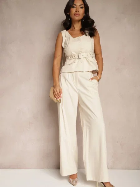 Jasnobeżowy Komplet Garniturowy z Wiskozą Szerokie Spodnie i Kamizelka Helivia beżowa