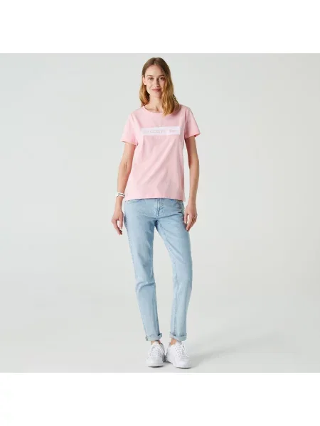 Lacoste Kadın Slim Fit Bisiklet Yaka Baskılı Pembe T-Shirt różowa