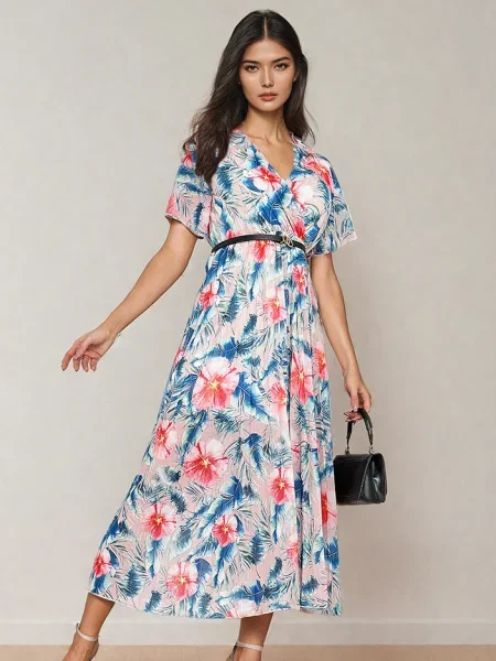 Rochie midi Resti cu model floral plisată până la genunchi albastru