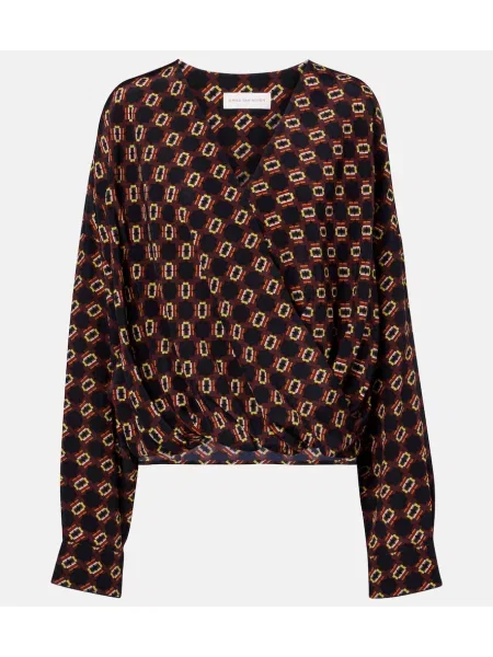 Top Dries Van Noten de mătase cu imagine drapat albastru