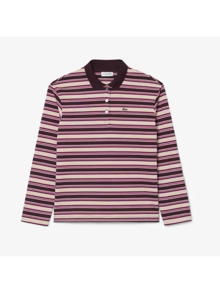 Lacoste Koszulka Polo W Paski Z Długim Rękawem Oversize brązowa