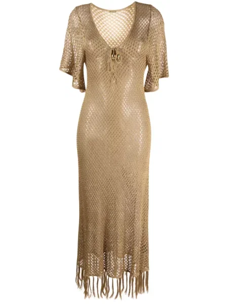 Dzianinowa sukienka midi Dodo Bar Or z frędzli do kolan złota