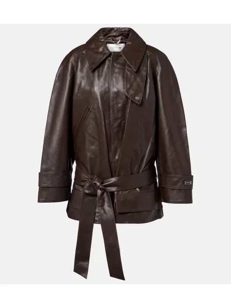 Trencz Victoria Beckham skórzany o krotszym kroju brązowy