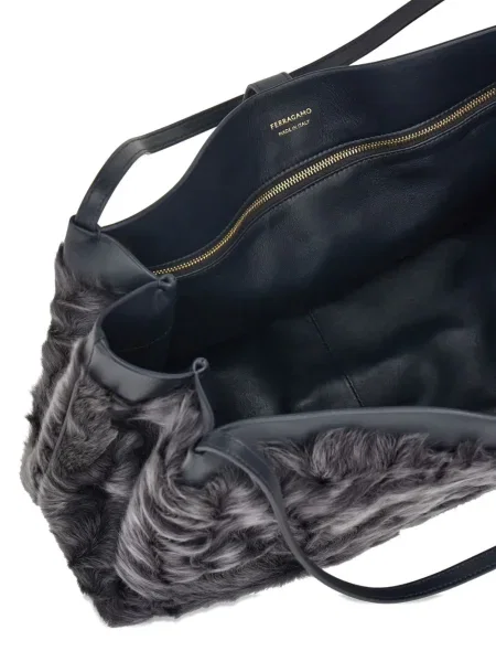 Geantă shopper Ferragamo cu blană gri