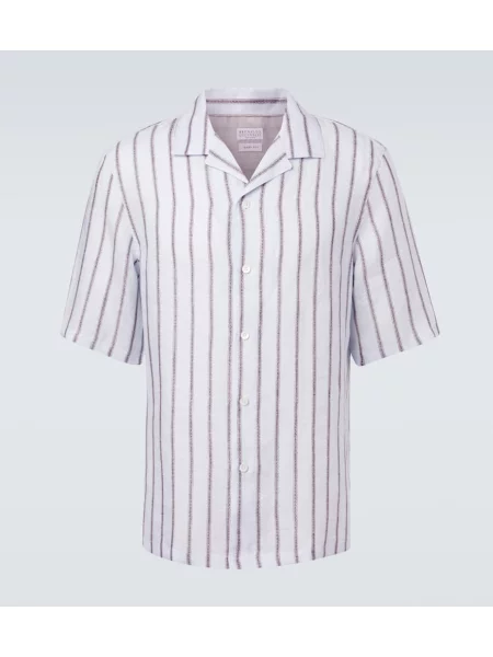 Lněná pruhovaná košile Brunello Cucinelli modrá