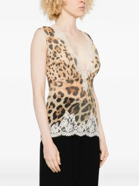 Top koronkowy Ermanno Firenze z nadrukiem w panterkę koronkowy