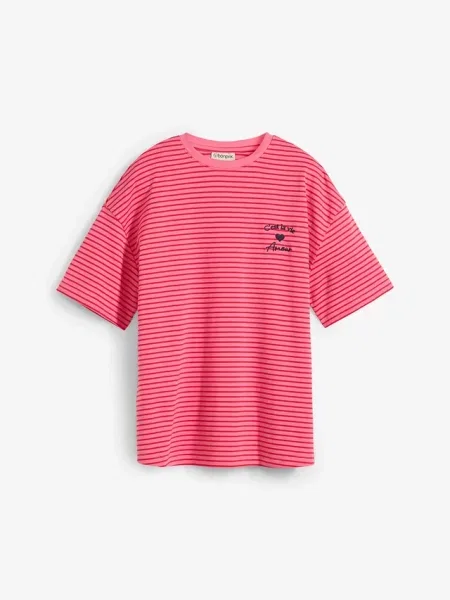 T-shirt w paski z haftem różowa