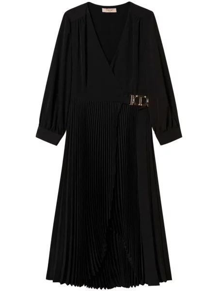 Rochie midi Twinset plisată din crep până la genunchi negru