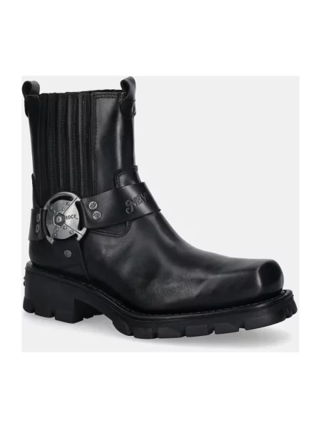 New Rock sztyblety skórzane Itali Negro Motorcycle Negro na płaskim czarny