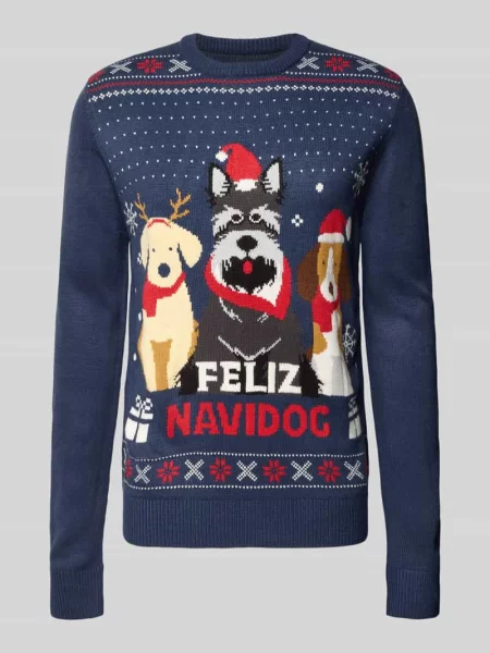 Sweter z dzianiny z prążkowanymi wykończeniami Montego granatowy
