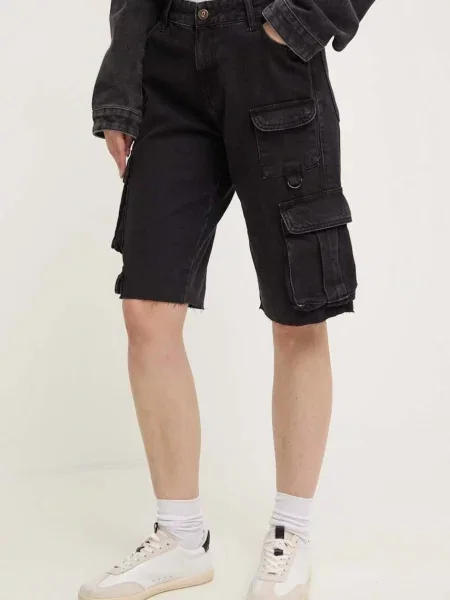 Дънков къс панталон Answear Lab с изчистен дизайн с висока талия черно