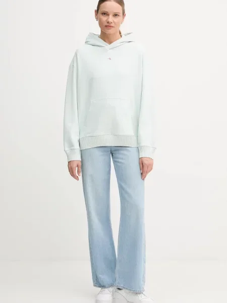 Dukserica Calvin Klein Jeans za žene s kapuljačom bez uzorka tirkizna