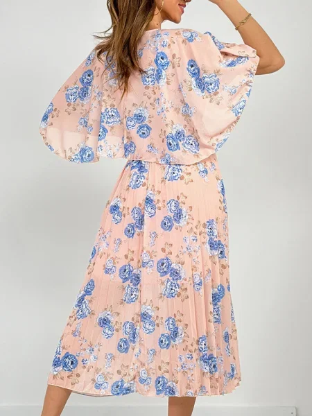 Rochie midi Resti cu model floral plisată până la genunchi albastru