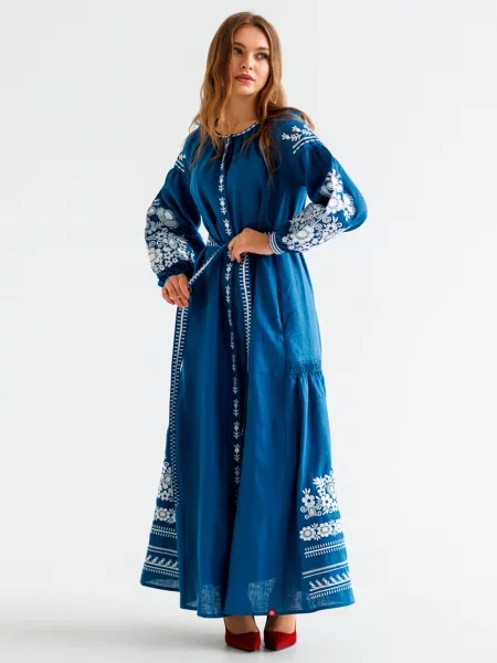 Лляна Вишита сукня Folk Moda синій