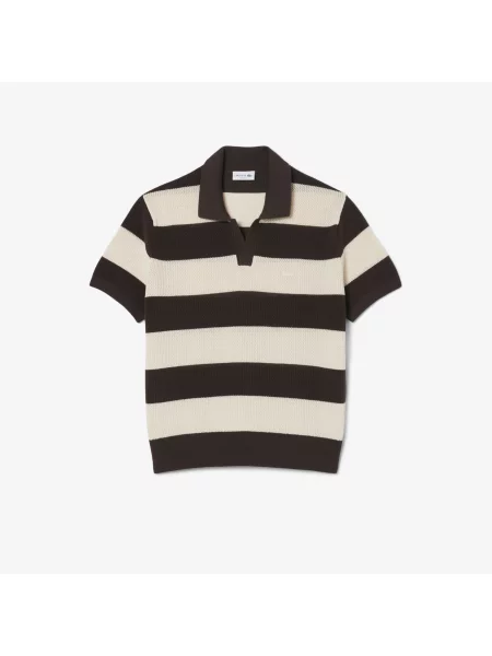 Lacoste Sweter Z Kołnierzykiem Polo Z Krótkim Rękawem W Paski Classic Fit brązowy