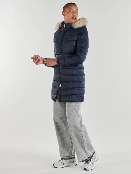 Páperový kabát Tommy Jeans s kapucňou modrá