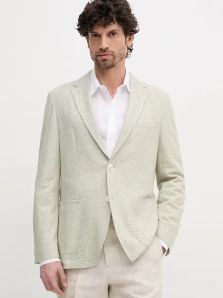 Сако с лен BOSS зелено бежово