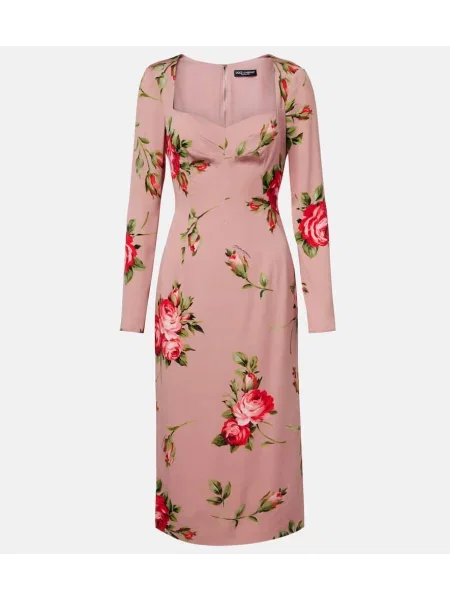 Rochie midi Dolce&gabbana de mătase cu model floral până la genunchi roz