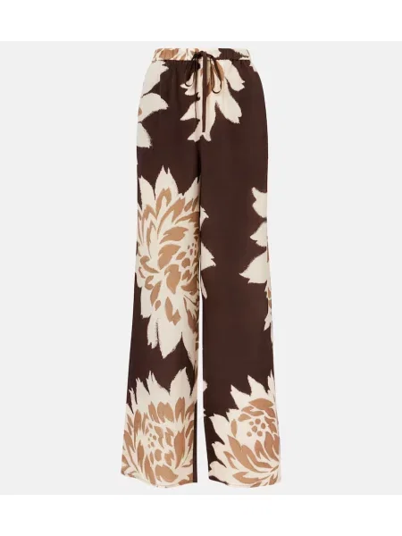 Pantaloni Sir din satin cu model floral maro